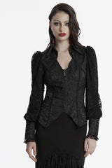 Black V Collar Long Puff Sleeves Lace-Up Zipper Women's Gothic Blouse - Black - 1