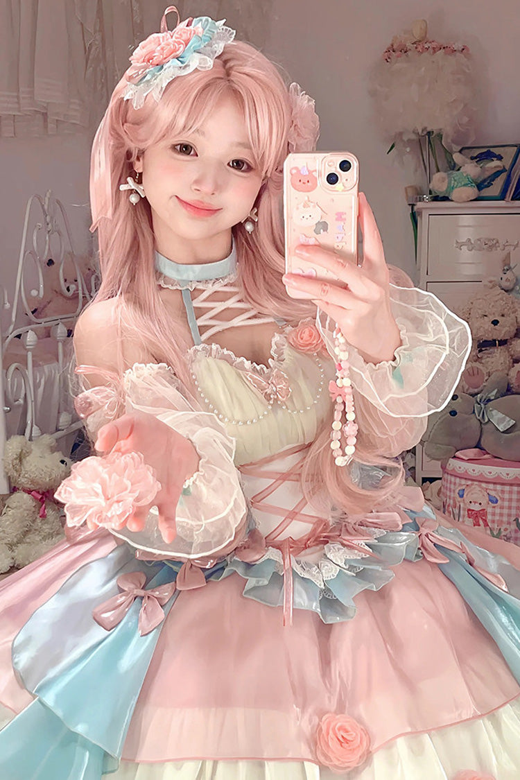 Pink/Blue [Camellia Covenant] Halterneck Ruffled Bow Lace Lace-Up Sweet Lolita Jsk Dress - Product - 5