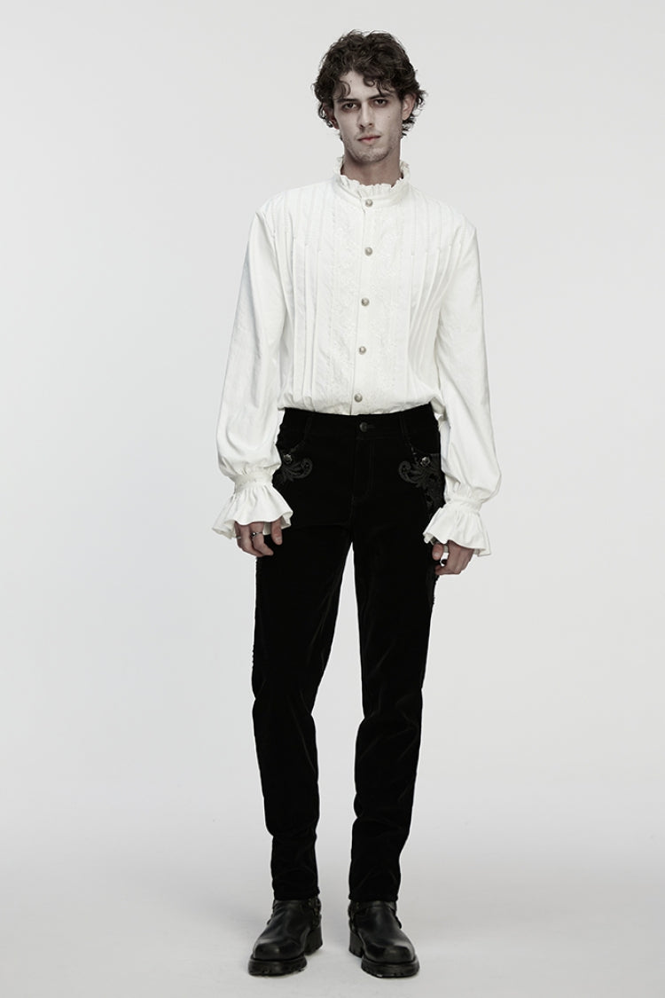 White Stand Collar Long Sleeves Ruffle Embroidery Pleated Men's Gothic Blouse - Product - 4