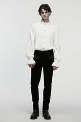 White Stand Collar Long Sleeves Ruffle Embroidery Pleated Men's Gothic Blouse - Product - 4