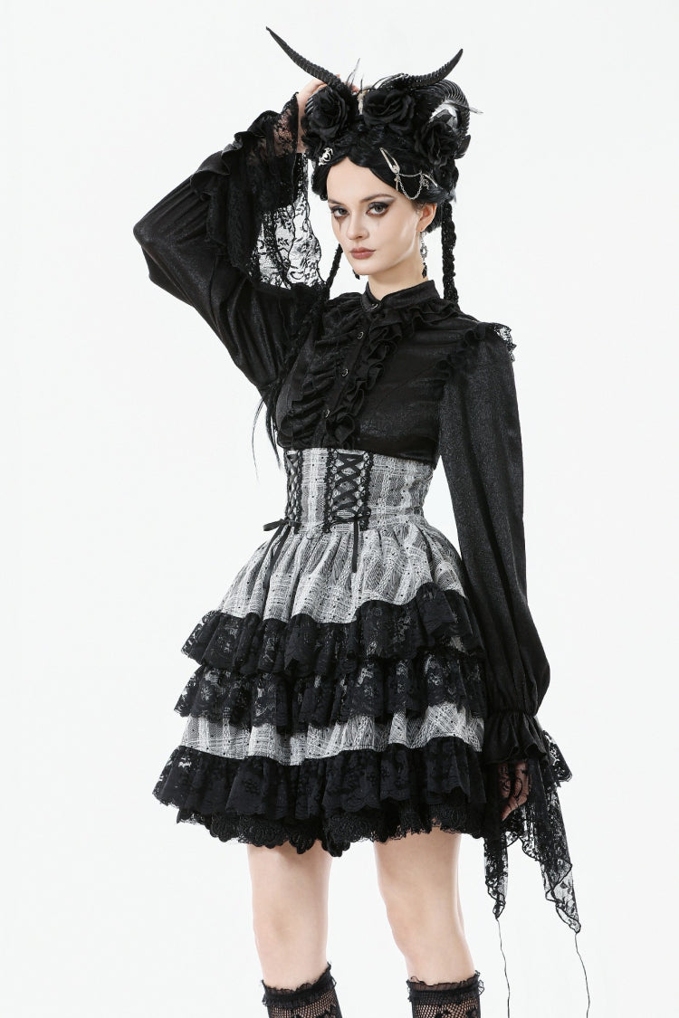 Black/Grey High Waisted Lace-Up Lace Ruffled Layered Hem Women's Lolita Gothic Skirt - Product - 6