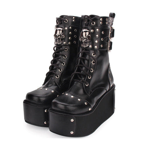 Black Skull Rivet Gothic Lolita Boots - Black - 1