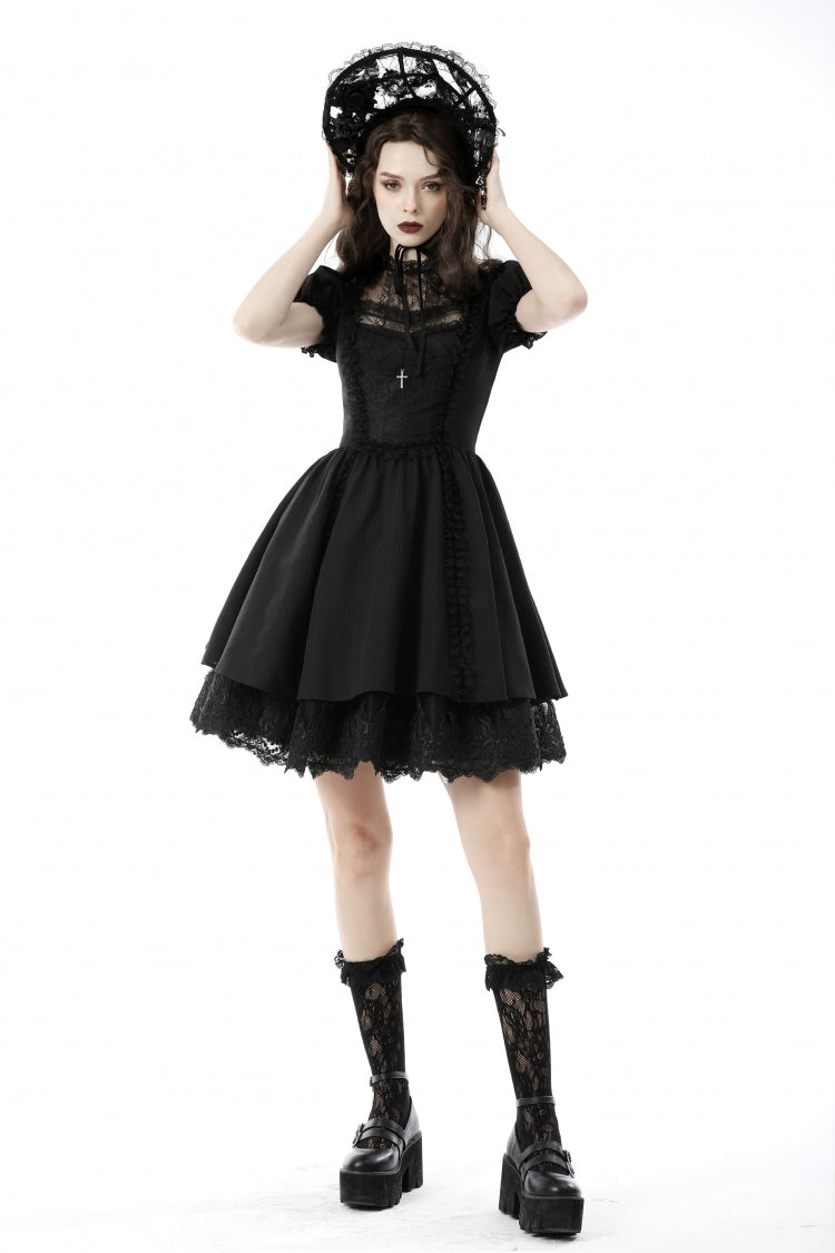 Black Tulle Lace Stand Collar Short Puff Sleeves Women's Lolita Gothic Doll Dress - Black - 1