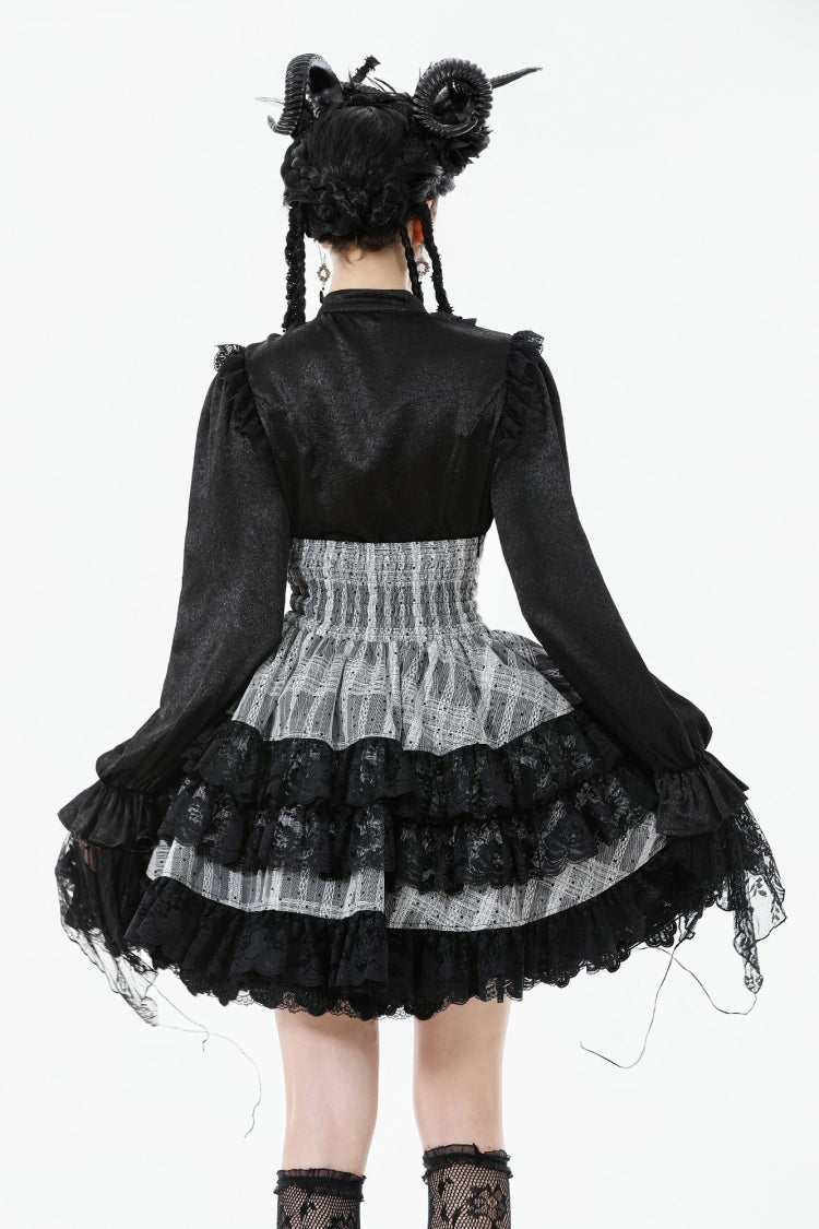 Black/Grey High Waisted Lace-Up Lace Ruffled Layered Hem Women's Lolita Gothic Skirt - Product - 4