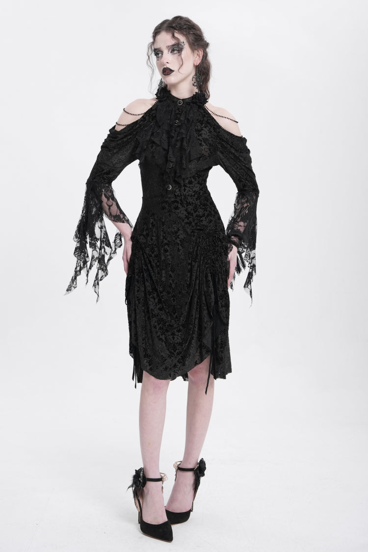 Black Off Shoulder Drawstring Jacquard Embroidery Women's Gothic Party Dress - Product - 7