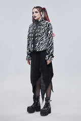 Black/White Stripe Design Shiny Belt With D-Shaped Buckle Decoration Padded Women's Punk Jacket - Product - 4