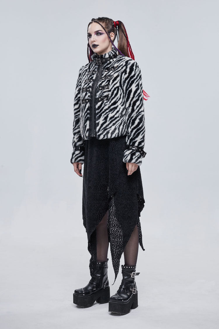 Black/White Stripe Design Shiny Belt With D-Shaped Buckle Decoration Padded Women's Punk Jacket - Product - 4