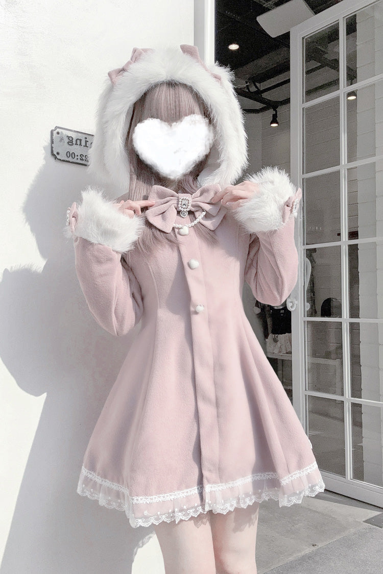Pink Long Sleeves Bowknot Rabbit Ears Detachable Hooded Japanese Jirai Kei Coat - Product - 8