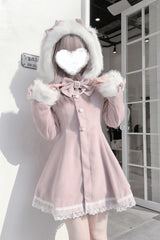 Pink Long Sleeves Bowknot Rabbit Ears Detachable Hooded Japanese Jirai Kei Coat - Product - 8
