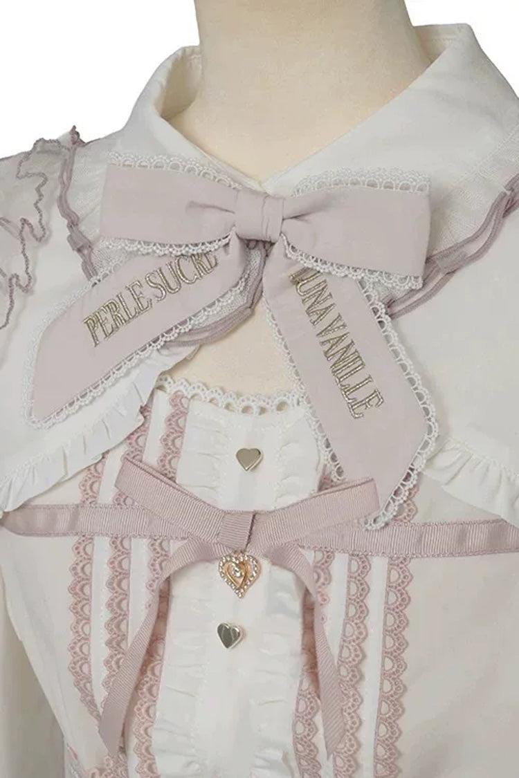 Sweet Lapel Collar Off Shoulder Long Sleeves High Waisted Printed Bow Lolita Skirt Blouse Set - Pink-Blouse(Only) - 5