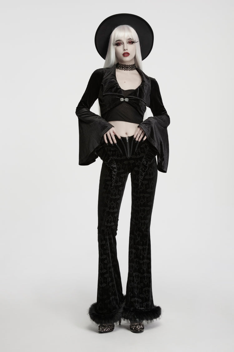 Black  Women's Gothic Velvet Bat Wing Collar Flare Sleeve Short Jacket - Product - 2