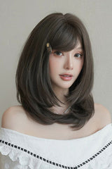 Cool Brown Refined Side-Swept Bangs Multi-Layered Sweet Lolita Shoulder Length Wig - Product - 2