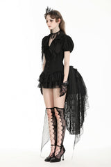 Black Multi-Layered Deep V Collar Pleated Short Puff Sleeves Lace-Up Gothic Blouse - Product - 2