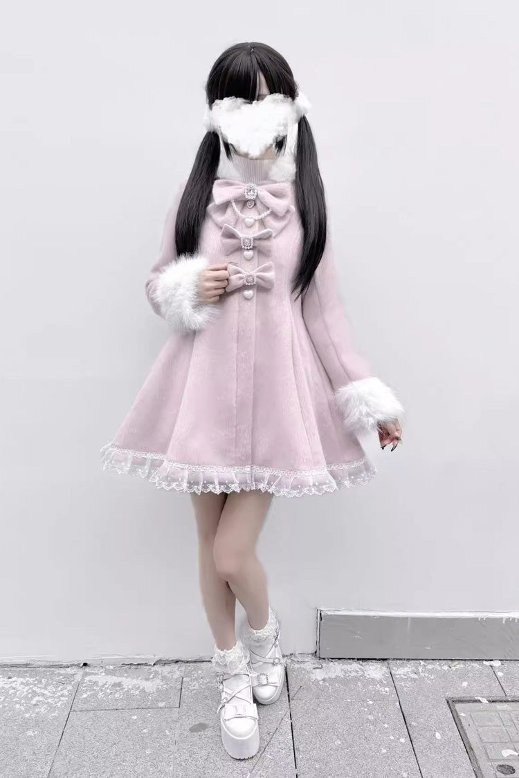 [Plush Lop-eared Rabbit] Long Sleeves Bowknot Lace Hooded Sweet Jirai Kei Coat 5 Colors - Product - 8