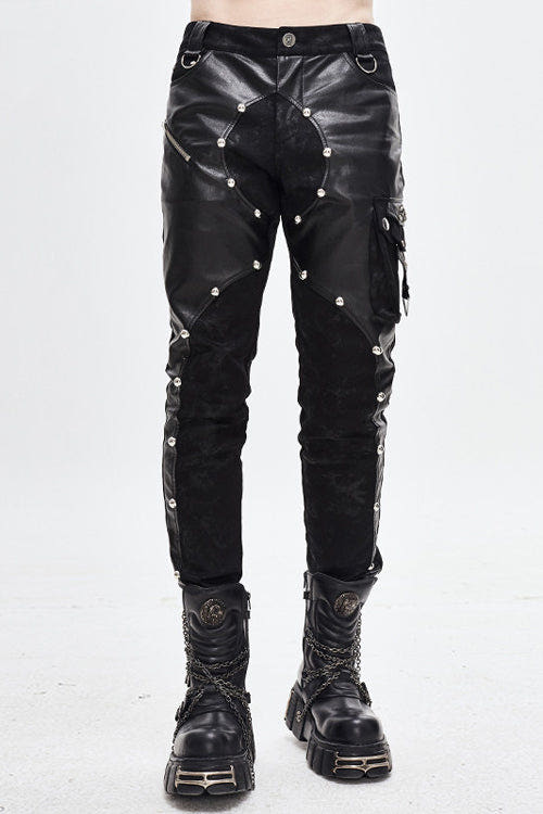 Black Patchwork Asymmetric Rivet Studded Punk Leather Mens Pants - Black - 1
