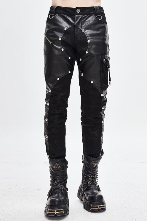 Black Patchwork Asymmetric Rivet Studded Punk Leather Mens Pants - Black - 1