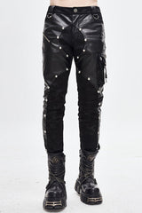 Black Patchwork Asymmetric Rivet Studded Punk Leather Mens Pants - Black - 1