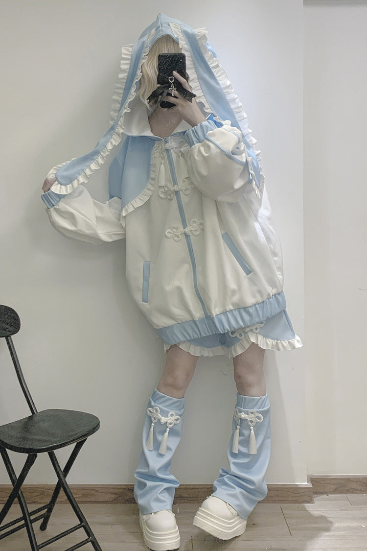 White/Blue Rabbit Ears Long Sleeves Ruffle Hooded Jirai Kei Japanese Coat - Product - 2
