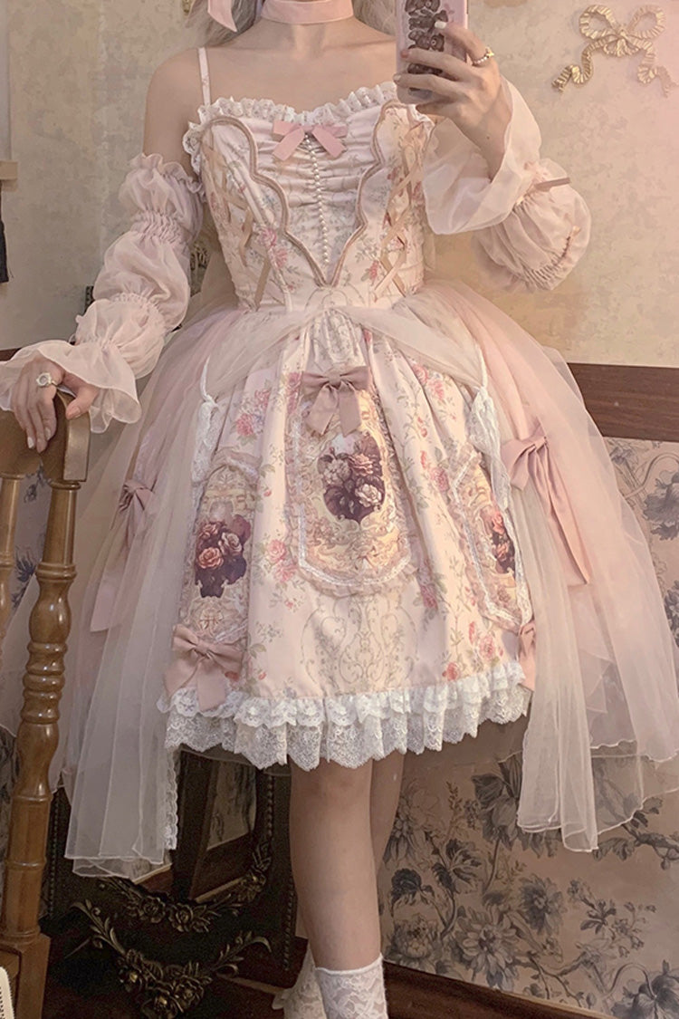 Pink [Rose Window] Print Ruffle Bowknot Lace Sweet Elegant Princess Lolita Jsk Dress - Product - 6