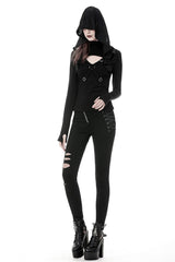 Black Women's Punk Long Sleeves Cut-Out Cross Connection Front Hooded Top - Product - 6