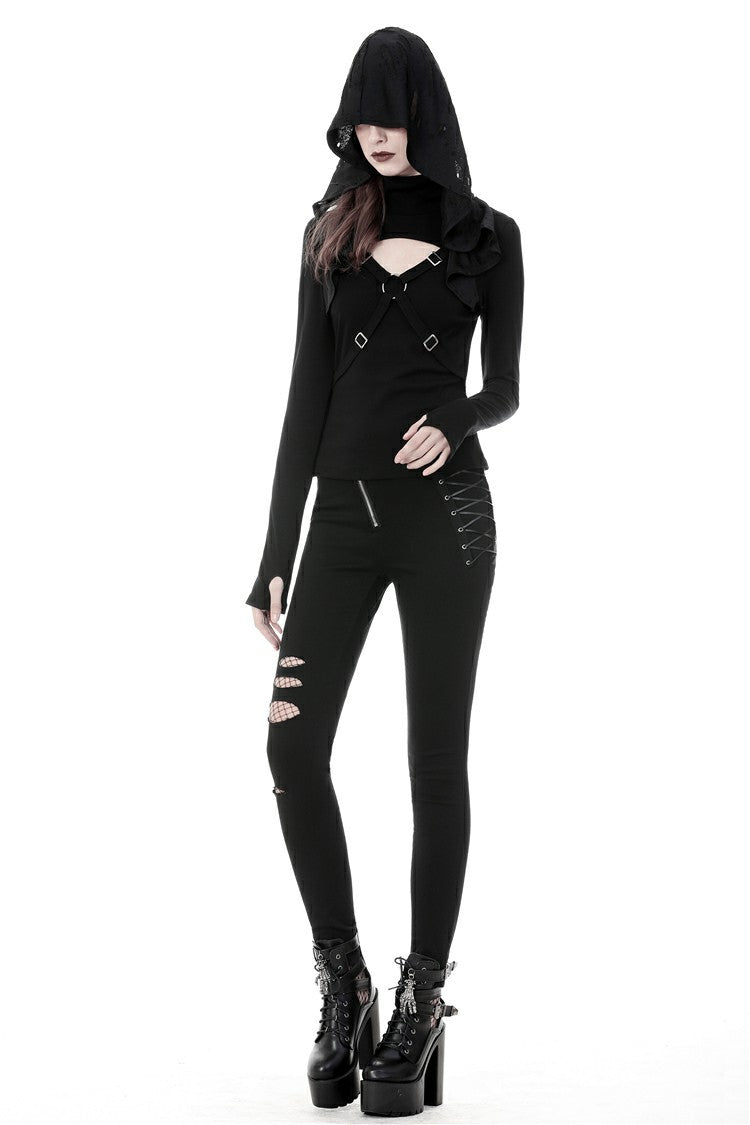 Black Women's Punk Long Sleeves Cut-Out Cross Connection Front Hooded Top - Product - 6