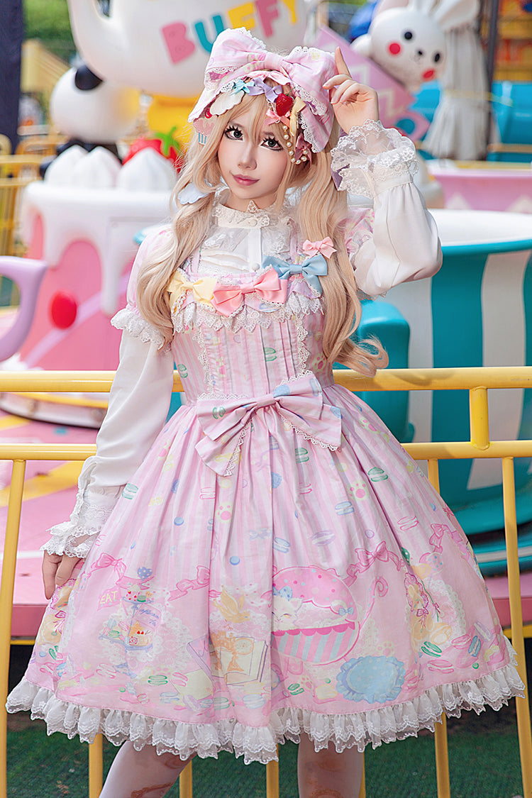 [Macaron Dolly House] Doll Collar Short Sleeves Print Bowknot Sweet Lolita Dress 3 Colors - Pink - 5