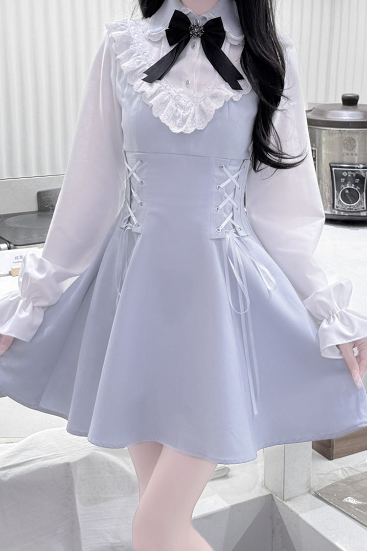 Aqua Long Sleeves Bowknot Lace-Up Sweet Jirai Kei Dress - Product - 4