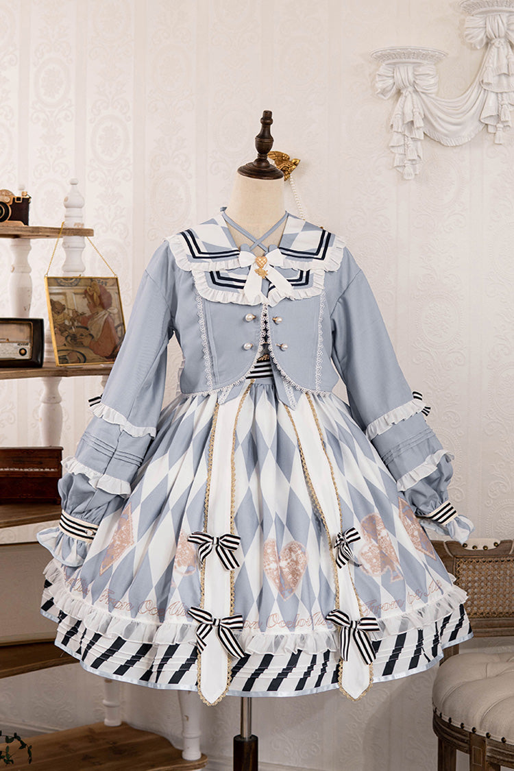 Light Blue Heart Print Bowknot Sweet Princess Alice Lolita Jsk Dress - Product - 3