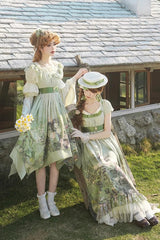 Green [Blooming Roses] Print Oil Painting Chiffon Short Sleeves Ruffle Bowknot Sweet Lolita Dress - Product - 8