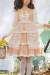 Round Collar Long Sleeve High Waist Multi-Layer Ruffled Sweet Lolita OP Dress - Orange - 1