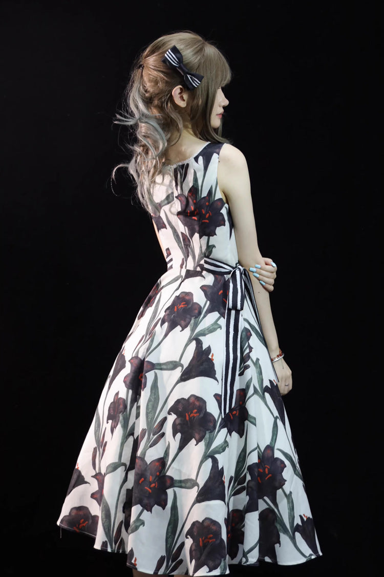 Ivory Square Collar Sleeveless Black Lily Printed Bow Gothic Lolita Jsk Dress - Product - 5