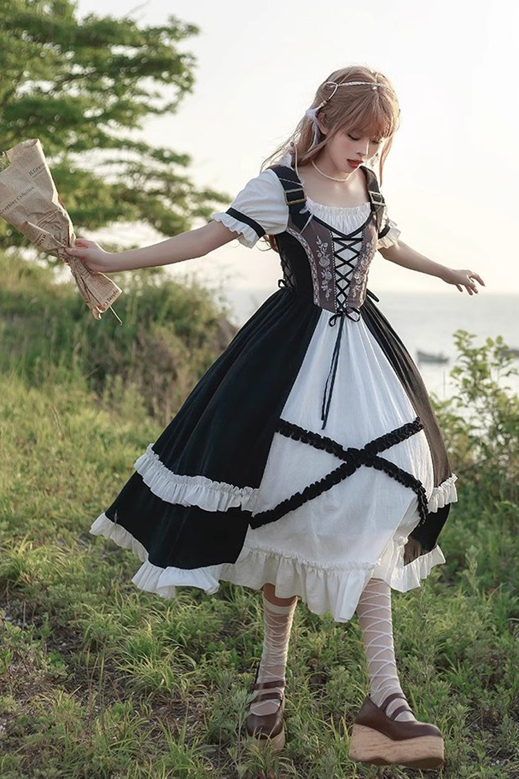 Black/White Bavarian Style Rose Embroidery Short Sleeves Sweet Lolita Dress - Product - 5