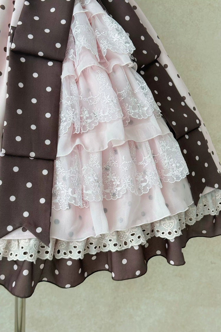 Pink [Canelé Gift Box] Round Collar Short Sleeves Double-Layered Printed Polka Dot Ruffled Open-Front Bow Asymmetric Sweet Lolita Dress Version 2 - Product - 4