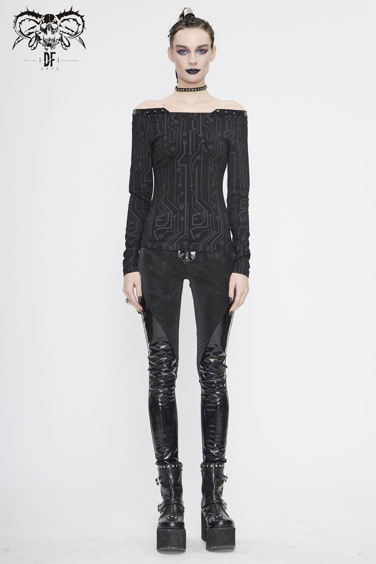 Black Printed Circuit Board Pattern Off-Shoulder Leather Strip Rivet Tight Women's Punk T-Shirt - Product - 3