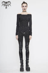 Black Printed Circuit Board Pattern Off-Shoulder Leather Strip Rivet Tight Women's Punk T-Shirt - Product - 3