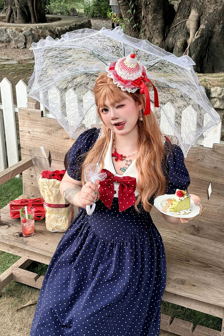 Blue V Collar Short Sleeves Polka Dot Printed Ruffled Bow Lace Classic Plus Size Preppy Style Lolita Dress - Product - 10