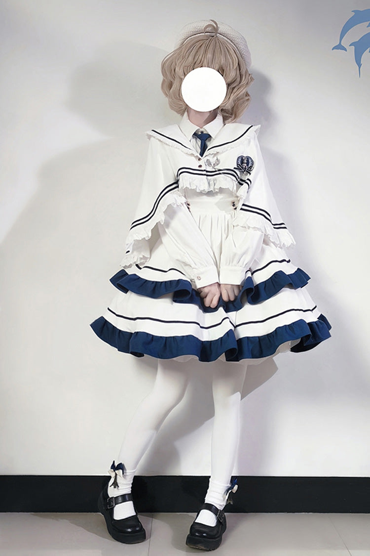 White Long Sleeves Double-Layered Ruffle Sweet College Style Lolita Dress - Product - 7