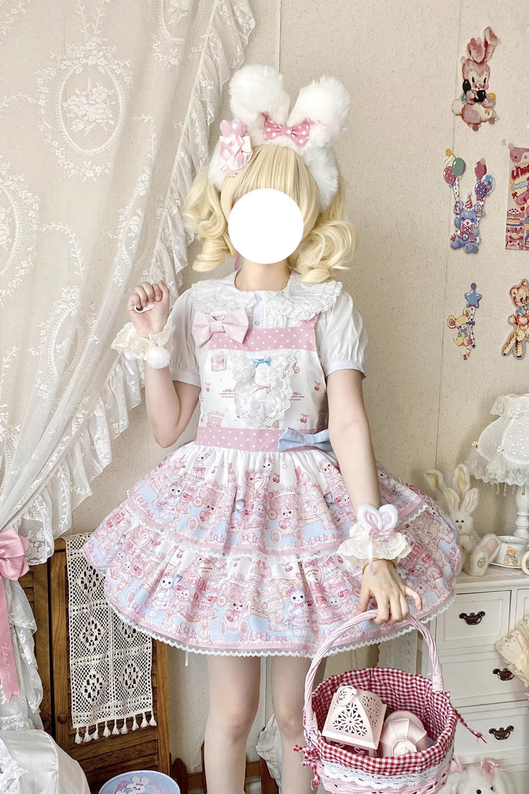 Pink [Bunny & Bear Tea Party] Sleeveless Double-Layered Printed Ruffled Bow Lace Sweet Lolita Strap Dress - Product - 3