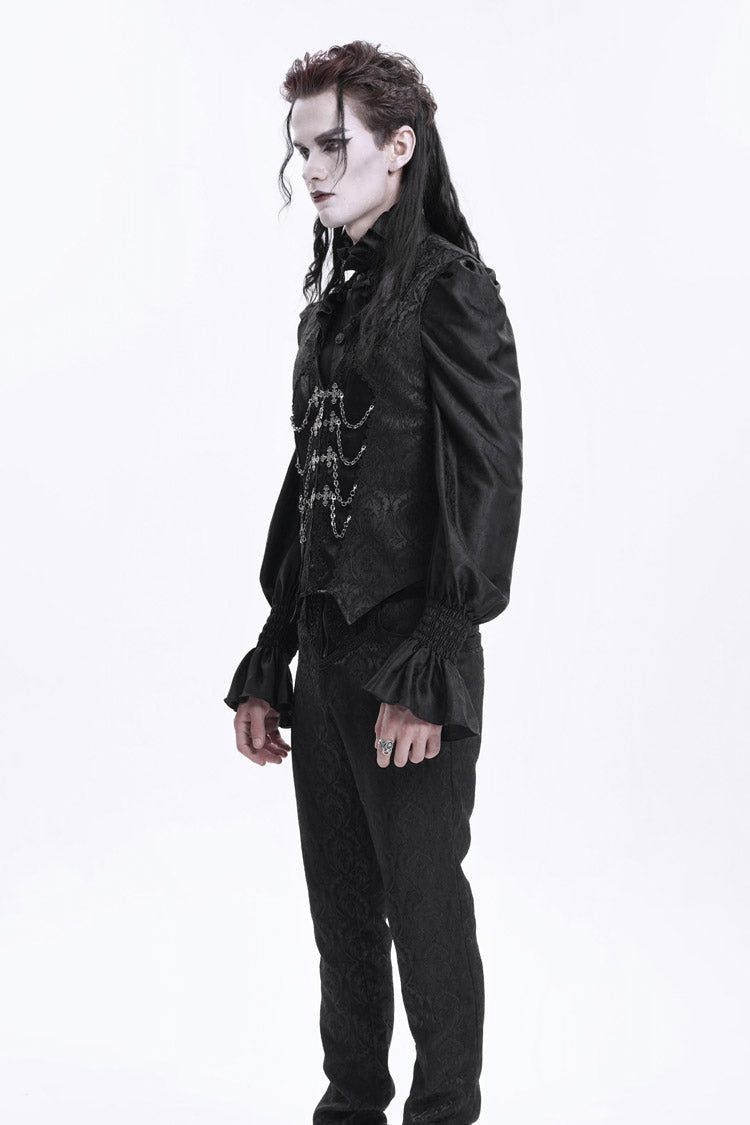 Black Sleeveless Jacquard Chain Buckle-up Men's Gothic Vest - Product - 4