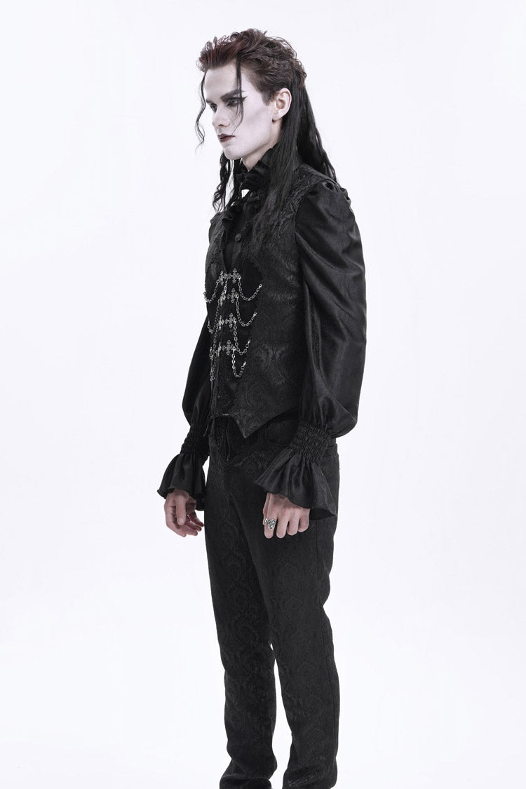 Black Sleeveless Jacquard Chain Buckle-up Men's Gothic Vest - Product - 4