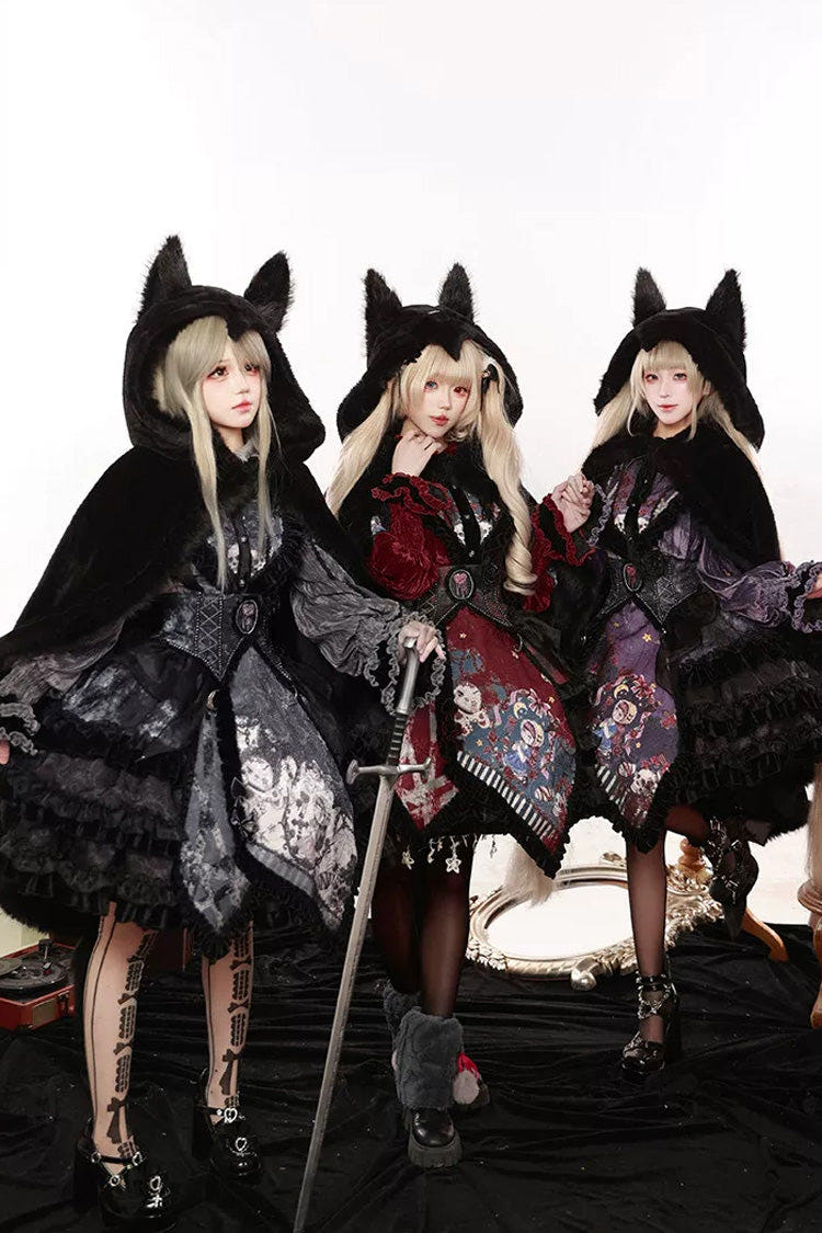[Werewolf] Fairy Tale Lapel Collar Long Sleeves Printed Ruffled Open-Front Lace Heavy-Detailed Gothic Lolita Skirt Set (Red, Grey, Purple) - Red - 1