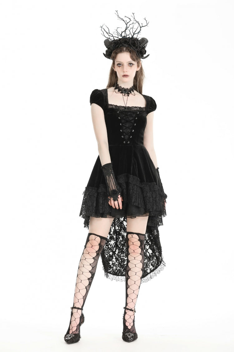 Black Square Collar Cap Sleeves Lace-Up High/Low Lace Ruffled Women's Gothic Princess Velvet Dress - Product - 5