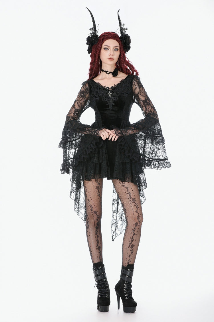 Black Trumpet Sleeves Multi-Layered Lace Velvet Embroidered Lace-Up Women's Gothic Dress - Product - 5