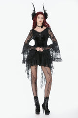 Black Trumpet Sleeves Multi-Layered Lace Velvet Embroidered Lace-Up Women's Gothic Dress - Product - 5