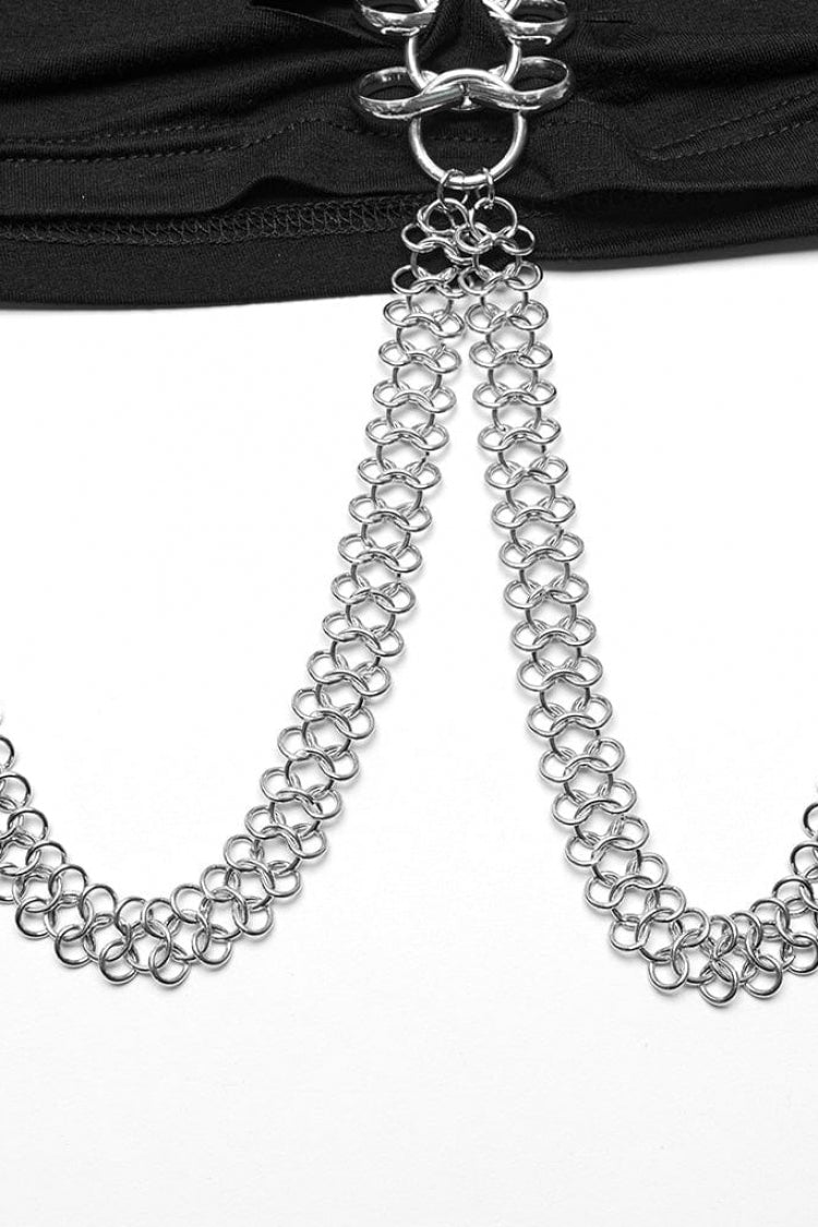 Black Short Sleeves Hollow Metal Chain Womens Steampunk Halterneck T-Shirt - Product - 8