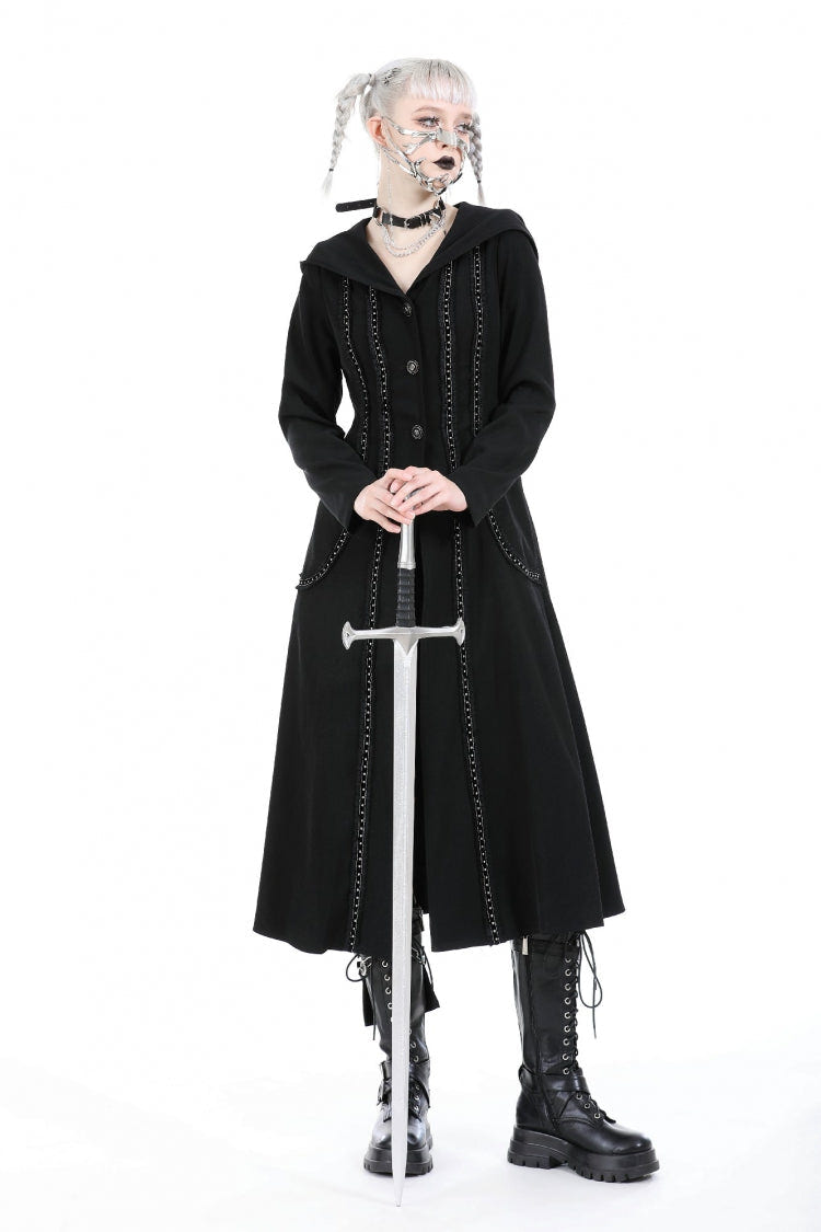 Black Long Sleeves Ruffled Lace-Up Women's Punk Long Jacket with Hood - Product - 8