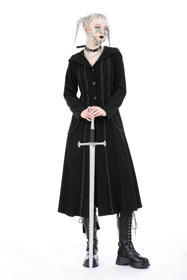 Black Long Sleeves Ruffled Lace-Up Women's Punk Long Jacket with Hood - Product - 8