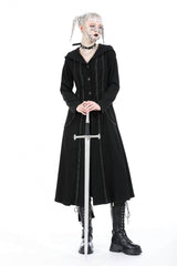 Black Long Sleeves Ruffled Lace-Up Women's Punk Long Jacket with Hood - Product - 8