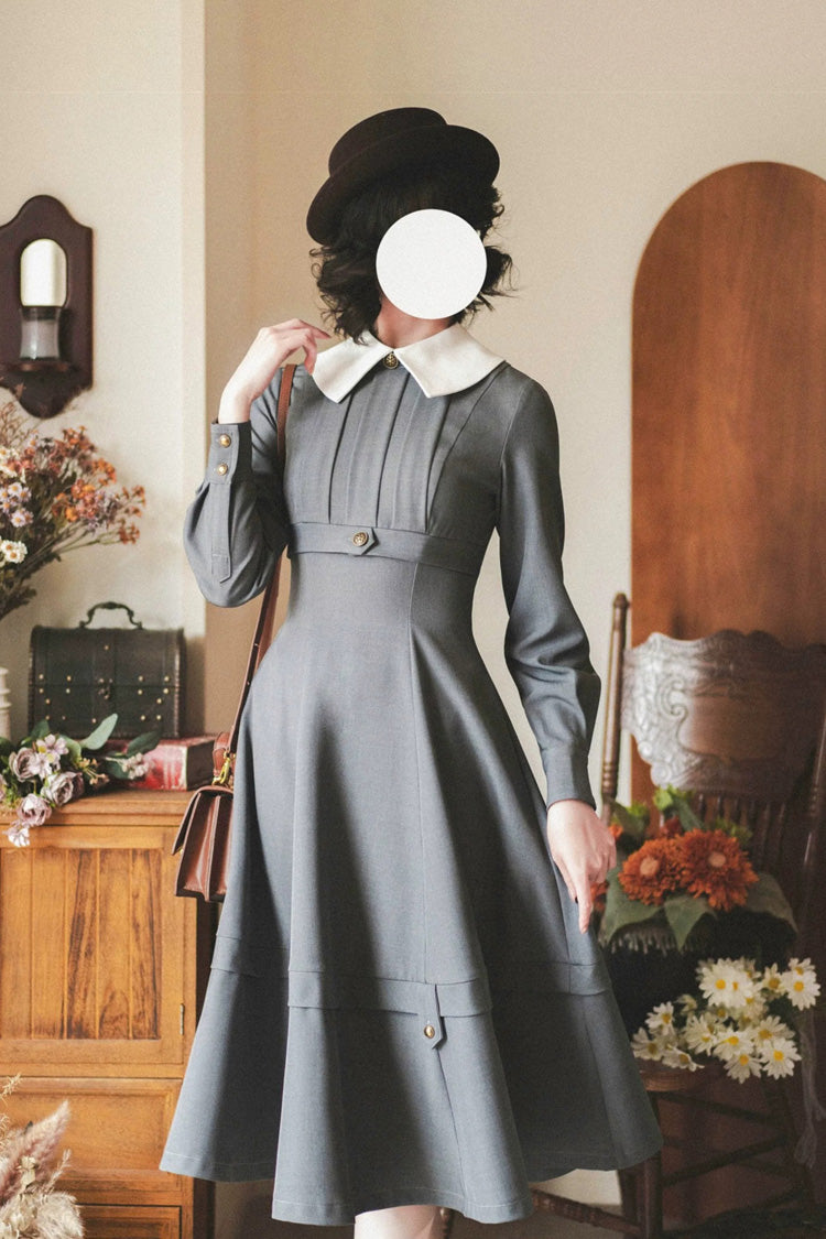 Grey [Forest Antique Trunk] Lapel Collar Long Sleeves Classic Vintage Elegant Lolita Dress - Product - 3