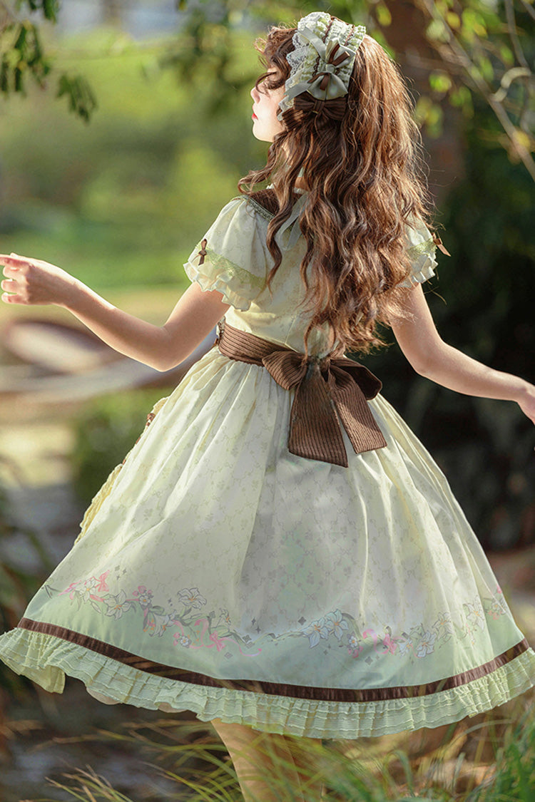 Green/Ivory [Lily] Short Sleeves Print Ruffle Embroidery Bowknot Lace Sweet Elegant Lolita Dress - Product - 6